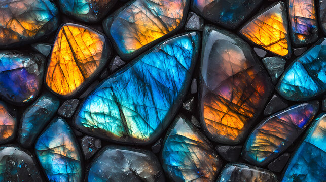 Seamless pattern of multicolored labradorite stones , close up. Labradorite. Illustration