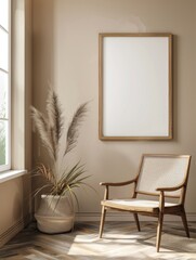 Simplicity and elegance characterize this modern living room setup, featuring a wooden mirror with empty canvas, a cozy armchair, and a potted plant that adds a touch of nature to the space.