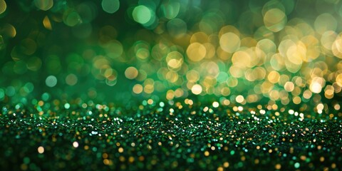 Close-up of shimmering golden glitter particles creating a magical and luxurious background. Perfect for events, celebrations or as a decorative textural overlay.