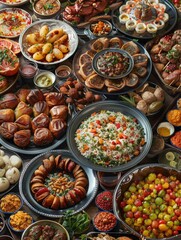 Fototapeta premium Colorful array of food dishes, appetizers and dips from the Mediterranean cuisine. Perfect for social gatherings and cocktail parties.