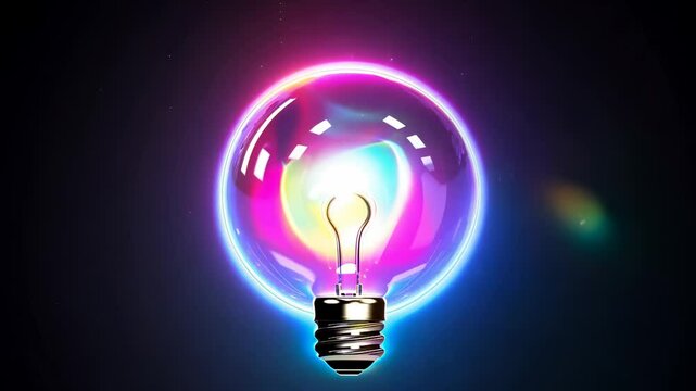 Glowing neon light bulb transformation with vibrant energy pulses
