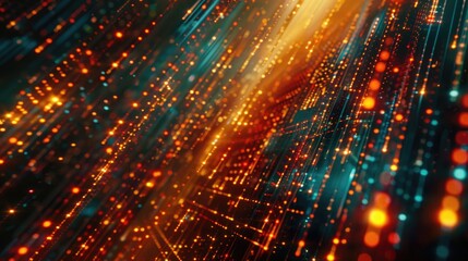 Obraz premium Glowing digital circuit board with colorful lights and sparkles representing data transmission or technology theme.