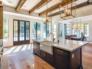 Spacious kitchen with contemporary features, including wood floor, high ceiling with exposed rafters, and a large center island.