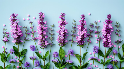 Naklejka premium Close up of purple flowers with a blue background