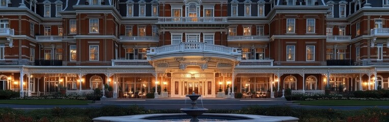 Grand hotel boasts an ornate entrance and fountain, highlighting exquisite architecture at twilight