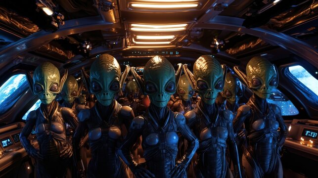 Group of out of space aliens posing inside their space ship ready to get out of the ship to invade planet earth - Powered by Adobe