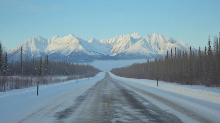 Scenic Winter Road  Snow Covered Highway  Alaskan Mountains  Travel Photography