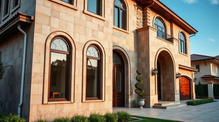 Naklejka premium Tan stucco house with arched windows and entryway. The house features multiple windows, including large arched ones, and a wooden door. Landscaping is visible at the base of the structure.