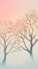 Obraz premium Abstract background featuring textured watercolors in pastel shades with silhouettes of trees creating a calm, serene atmosphere