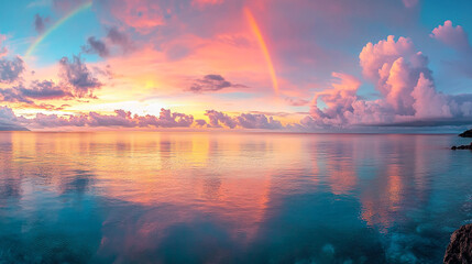 Serene Ocean Sunset with Double Rainbow  Calm Water  Colorful Sky  Peaceful Panorama