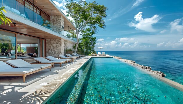Oceanfront villa with infinity pool and sun loungers.