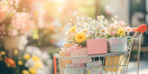 A shopping cart filled with colorful gift boxes and vibrant flowers showcases a joyful atmosphere perfect for celebrations and special occasions