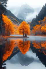 Obraz premium hoto réaliste professionnelle d’un lac de montagne pittoresque entouré de feuillages automnaux vibrants, avec des reflets parfaits et une légère brume s’élevant de la surface