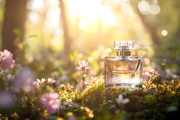 A crystal-clear perfume bottle surrounded by vibrant flowers in a sunlit forest creates a fresh and enchanting atmosphere