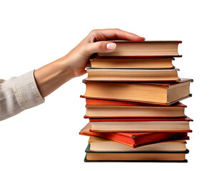 hand holding stack of books; isolated on transparent background