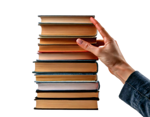 hand holding stack of books; isolated on transparent background