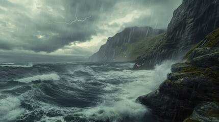 Fototapeta premium Dramatic Coastal Scene: Waves Crash Against Rugged Cliffs Under Dark Clouds, Creating a Powerful and Evocative Landscape