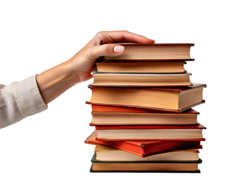 hand holding stack of books; isolated on transparent background