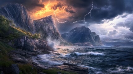 A dramatic coastal scene with mountains and stormy skies. Lightning illuminates the clouds over turbulent ocean waves crashing against rocky cliffs.