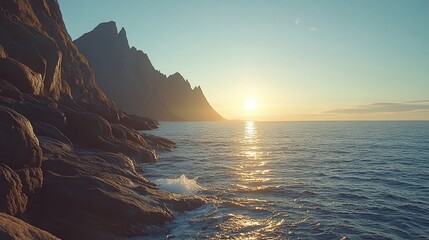 Stunning sunset over calm ocean waves. Majestic mountains rise against the sky, reflecting the warm glow of the sun. A perfect moment of natural beauty by the sea.