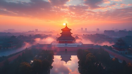 Obraz premium Commanding Aerial View of the Glowing Tang Dynasty Capital Chang an