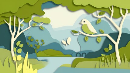 Obraz premium A minimalist nature wallpaper with paper cutout illustrations of a tree, a bird, and a butterfly. The tree has a few branches with leaves. The bird is perched on a branch. The butterfly is hovering