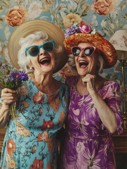 Two joyful elderly women standing in a vibrant, retro-style room, both wearing playful, oversized...