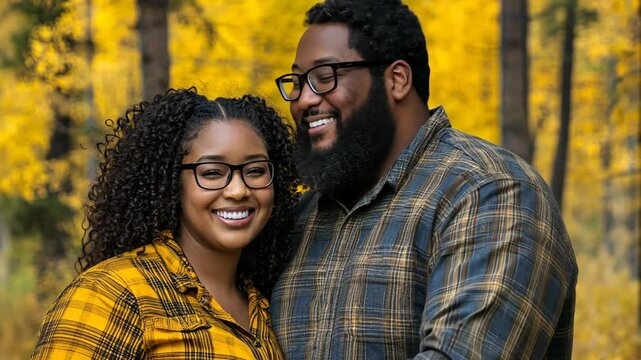 Happy couple enjoying autumn colors in the forest wearing matching plaid outfits