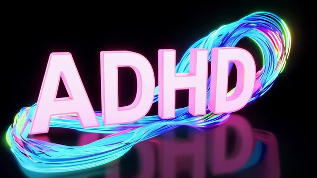 Glowing neon adhd sign with dynamic light trails on black background