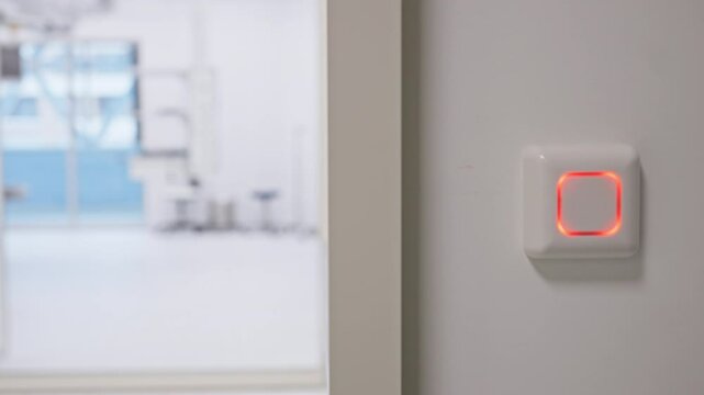Close-up footage of a hand interacting with a touchless access control panel, transitioning from red to green light in a clean, modern indoor environment. Concept of technology and security