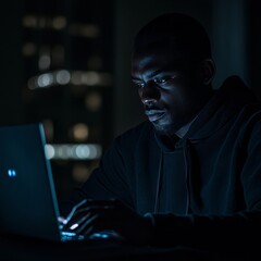 Black person works late.