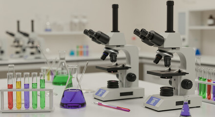 Fototapeta premium Modern Laboratory Microscopes and Test Tubes with Colorful Liquids