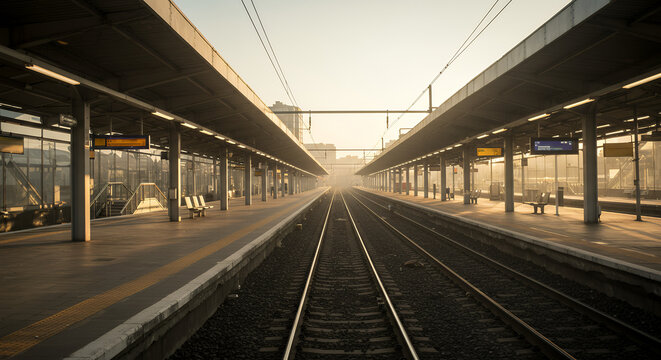 Golden Hour at the Train Station Platform: Empty Tracks and Serene Sunrise