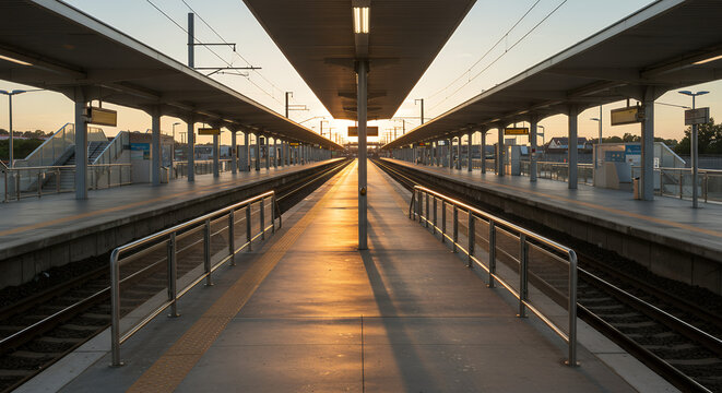 Golden Hour at the Train Station Platform: Symmetrical Sunrise View