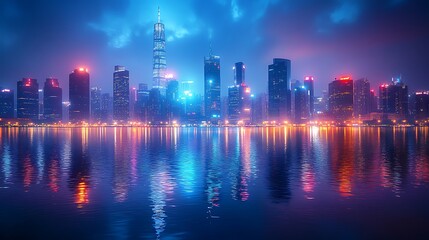 Fototapeta premium Vibrant Showcasing Modern City Skyline With Beautiful Reflections on Night Background