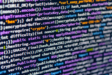 Close-up of hands typing on a computer keyboard, with overlaid cybersecurity text and code snippets...