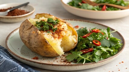 Baked potato topped with fresh herbs and spices, accompanied by a vibrant salad on a rustic dining table
