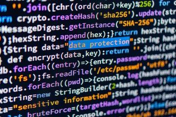 Data protection. Image shows a close-up of a JavaScript code snippet with focus on data protection line, suggesting coding related to data security