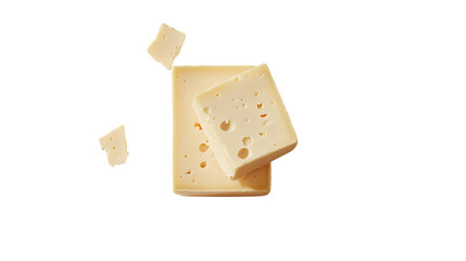 Block of Swiss cheese with a sliced piece, placed on a clean white background, showcasing its...