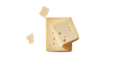 Block of Swiss cheese with a sliced piece, placed on a clean white background, showcasing its smooth texture and holes