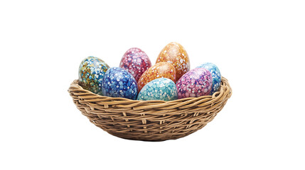 Bright and colorful Easter eggs placed in a small wicker basket on a clean white background, creating a cheerful and festive holiday theme