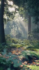 Fototapeta premium A serene forest path illuminated by gentle sunlight. The lush greenery and soft shadows create a peaceful atmosphere, ideal for a nature escape or peaceful retreat.