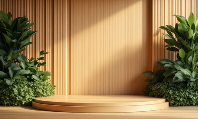 Elegant wooden stage with lush greenery