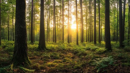 Fototapeta premium A serene forest at sunrise with tall trees and vibrant green ferns. Morning light filters through the leaves, creating a peaceful and fresh atmosphere.