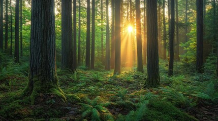Fototapeta premium Sunlight Streams Through Trees in a Serene Forest, Creating a Peaceful Atmosphere, With Lush Green Ferns and Tall, Strong Trees Surrounding Beautiful Nature.