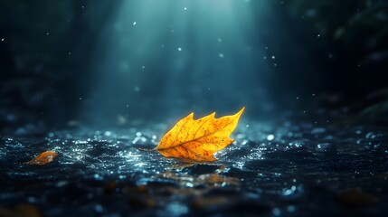 A Mournful Journey: The Symbolism of a Glowing Leaf Descending into the Depths of a Shadowy Abyss