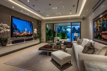 TV room with surround sound, comfy seating, and sleek decor.