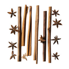 Cinnamon sticks with star anise displayed on a pure white background, capturing the aromatic essence and earthy tones for a flavorful, natural appearance