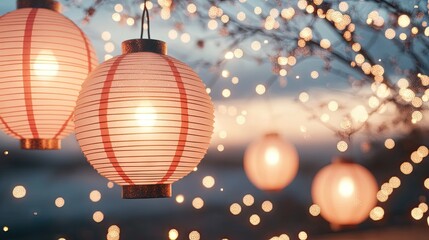 Obraz premium Red lantern on a tree and bokeh lights background. Chinese lanterns during new year festival. Chinese New Year. Lunar New Year 2025 Year of the snake banner with copy space 