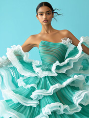 Model in a wavy, layered gown resembling underwater landscapes, aquatic fashion trend